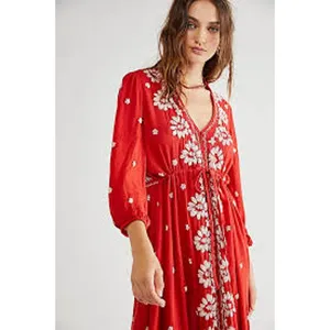 Free People Fabel Embroidered Maxi Dress Womens Size Medium Red White thumbnail 3