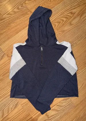 American Eagle Navy Hooded Half-Zip cropped Sweater with Gray & White Panels thumbnail 1