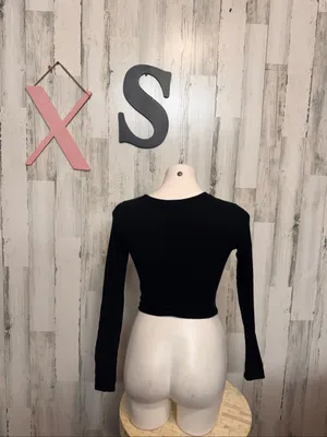Garage Ribbed Crop Top Womens Extra Small Black Long Sleeve Crew Neck Stretch thumbnail 4