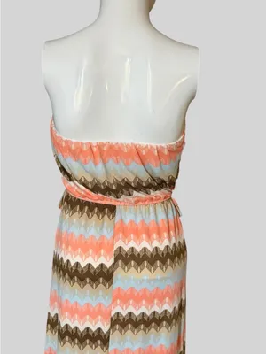 Wishful Park Strapless Maxi Dress in Coral, Light Blue & Brown Chevron thumbnail 6