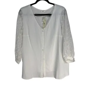 Agnes Orinda White V Neck Button Front Blouse Sheer Lace Sleeve Top Plus Size 1X thumbnail 7