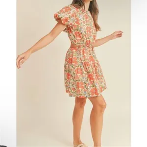 NWT &Merci Cream‎ Orange Floral Puff Sleeve Back Cut Out Lindsay SunDress thumbnail 6