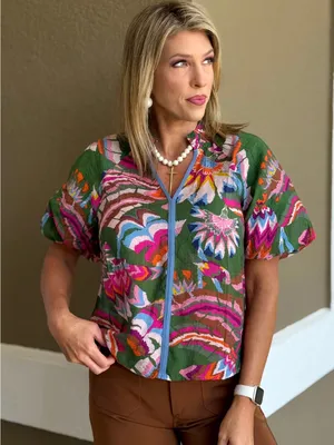 THML Green Floral Ruffle Neck Puff Sleeves Popover Top Size XS thumbnail 1