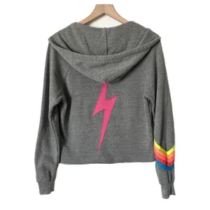 Aviator Nation Bolt Stitch Chevron Stripes Split Neck Crop Hoodie Gray Medium thumbnail 2