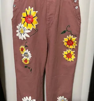 No brand overalls , cute, dusty rose colored with detailed flowers , 2 front poc thumbnail 3