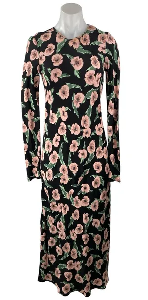 ZARA Multicolor Floral Print Crew Neck Long Sleeve Midi Maxi A-line Dress Sz 28 thumbnail 1
