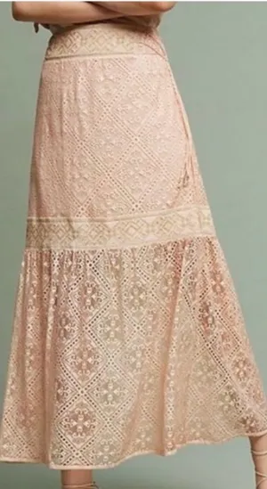 Anthropologie Embroidered Tiered Maxi Skirt in Blush coral thumbnail 1