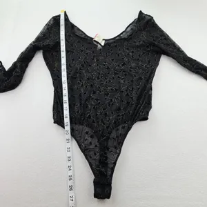Victoria's Secret NWT Vintage 90s Black Gold Mesh Flocked Floral Bodysuit Large thumbnail 9