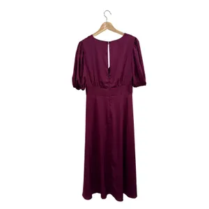 Alexa Admor Plum Burgundy Satin V-Neck Puff Sleeve Midi Dress Size 6 thumbnail 3