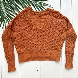 Free People Orange Open Knit Slouchy V-Neck Sweater Boho Oversized (READ) thumbnail 8