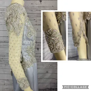1990s Vintage Ice Blue Beaded Formal Gown Sheer Lace Bodice Custom S-M thumbnail 11