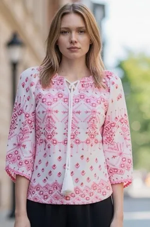 Hale Bob XS White Pink Embroidered Boho Top Blouse NWT Oversized thumbnail 1