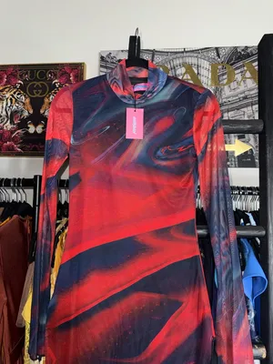 Edikted Sparks Fly Mesh Mini Dress Red Black Swirl Slit Bell Sleeve Medium New thumbnail 7
