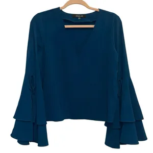 Sugar + Lips Teal Ruffle Bell Sleeve‎ Blouse V-Neck Flowy Top Medium thumbnail 1