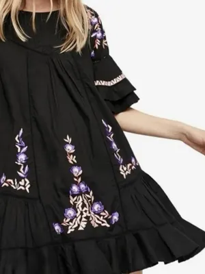 Free People Black Pavlo Embroidered Cottagecore Boho Mini Babydoll Dress thumbnail 6