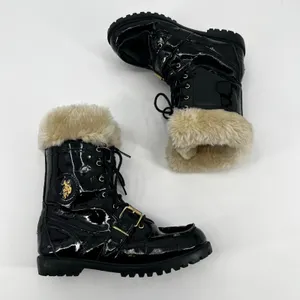 US Polo Assn Madison patent Black & Cream Faux Fur Lined Boots lace up logo 6.5 thumbnail 3