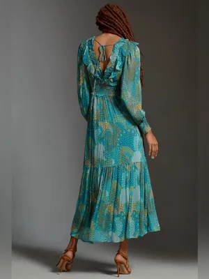 Anthropologie Odetta Ruffled V-Neck midi Dress Teal Gold Boho Mixed Print Small thumbnail 3