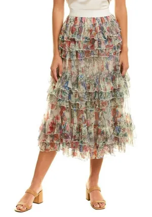 Beulah Style‎ Floral Mesh Tiered Ruffle Skirt L NWT Romantic Cottagecore thumbnail 1