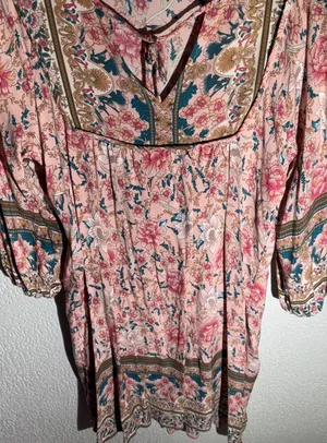 Boho Floral Peasant Dress – Medium, Pink Multicolor, Tie-Neck, 3/4 Sleeve thumbnail 1