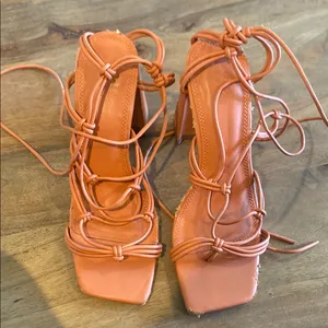 ASOS Orange Strappy Heels with Square Toe thumbnail 1