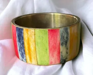Vintage colorful boho thick brass bangle bracelet thumbnail 1