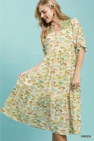 Umgee Print Tiered Midi Dress - Green - Small thumbnail 1