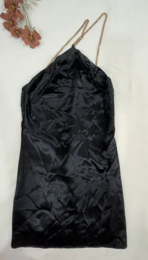 Pretty garbaje Black Satin Mini Dress with Gold Chain Straps thumbnail 1