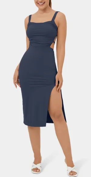 Halara Ruched Backless Crisscross Lace Up split Bodycon Midi Casual Dress thumbnail 1