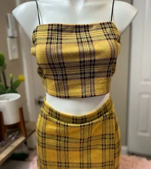 Liz & Sara Women’s Yellow Plaid Crop Top & Mini Skirt Set Size Large Two Piece O thumbnail 1