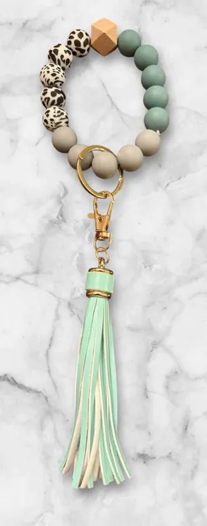 Mint and Beige Beaded Keychain with Tassel Green thumbnail 1