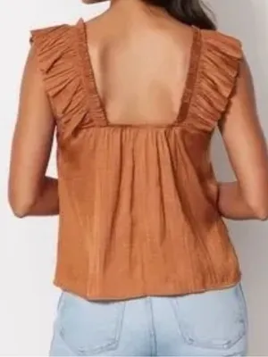 Evereve Dahlia Brown Bronze Ruffle Resortwear Boho Vacation Office Satin Tank M thumbnail 2