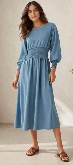 NWOT Ann Taylor Smocked Waist Flare Midi Dress Large Teal Casual Minimalist Work thumbnail 1