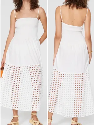 Solid & Striped Kennedy White Smocked Lace Cutout Midi Dress thumbnail 2