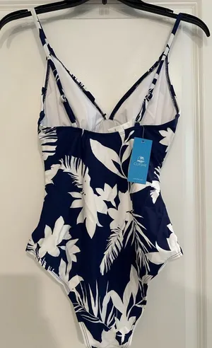 CUPSHE Women's One Piece Swimsuit V-Neck Floral Navy Blue & White Size S thumbnail 1