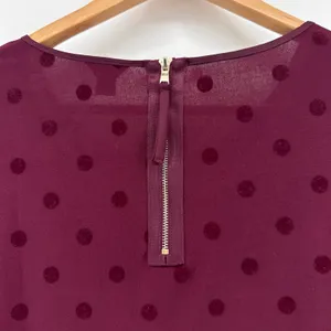 Ann Taylor Womens Medium Burgundy Velvet Polka Dot 3/4‎ Sleeve Blouse Back Zip thumbnail 3