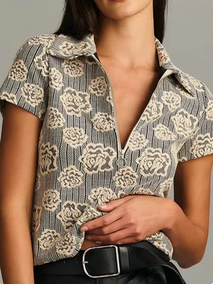 Anthropologie Maeve Floral Jacquard Zip Neck Polo Top Black Cream Size XS thumbnail 1