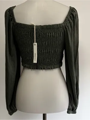 Crescent Medium Olive Smocked Linen Blend Crop Top Peasant Cottagecore Bohemian thumbnail 5