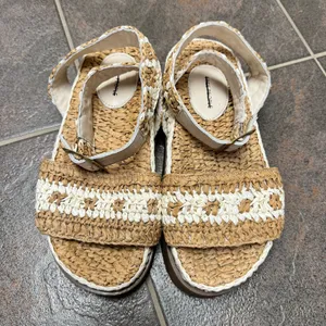 Free People FP Roma Raffia Slip On Ankle Strap Platform Sandals Tan White 8 thumbnail 14