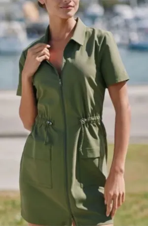 Beyond Yoga Olive Green City Chic Short Sleeve Mini Zip Shirtdress Large thumbnail 1