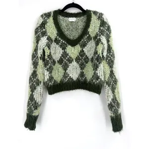 Lovers and Friends Tanessa Argyle Sweater Womens XS Green Fuzzy Knit Preppy Wool thumbnail 2