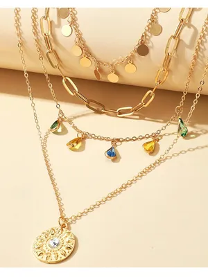 Gold Tone Layered Link Chain Necklace Sun Round Charm Clear Stone Lobster thumbnail 6