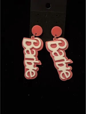 Retro Pink Barbie Script Dangle Earrings, Y2K Girly Logo Novelty Drop Jewelry thumbnail 2