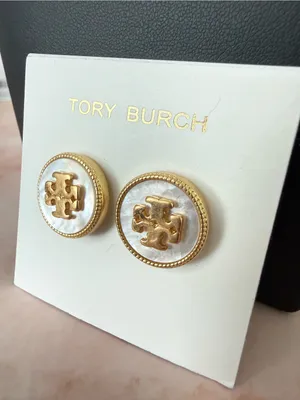 Tory Burch | Gold Plated & Mother of Pearl Logo Button Stud Earrings thumbnail 3