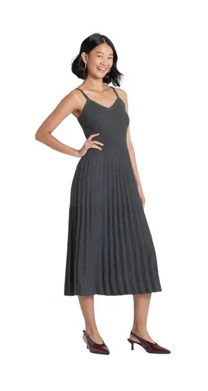 NWT A New Day Womens Pleated Midi Sweater Dress 94331199 Charcoal Gray L thumbnail 1