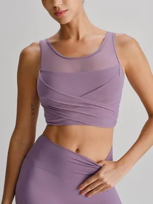Berlook Activewear Purple Grey Mesh Cross-Front Tank Top - Light Support thumbnail 1