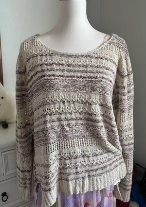 Boho Crochet Knit Sweater Striped Lace Up Side Pointelle Cottagecore Cream Red thumbnail 1