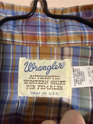Wrangler 80s Wrangler blue, metallic, brown, and white plaid western shirt thumbnail 3
