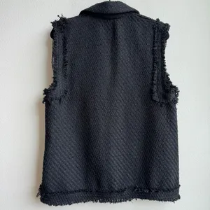 ZARA Structured Tweed Black Gold Button Preppy Frayed Button Vest Size Medium thumbnail 6