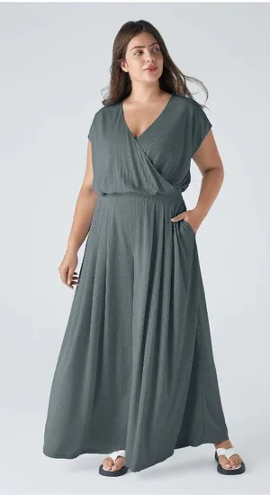 Halara V Neck Short Sleeve Side Pocket Wide Leg Flowy Waffle Jumpsuit Gray 1X thumbnail 1