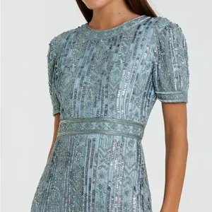 Mac Duggal 5980 Blue High Neck Short Sleeve Crystal Fringe Column Dress thumbnail 4